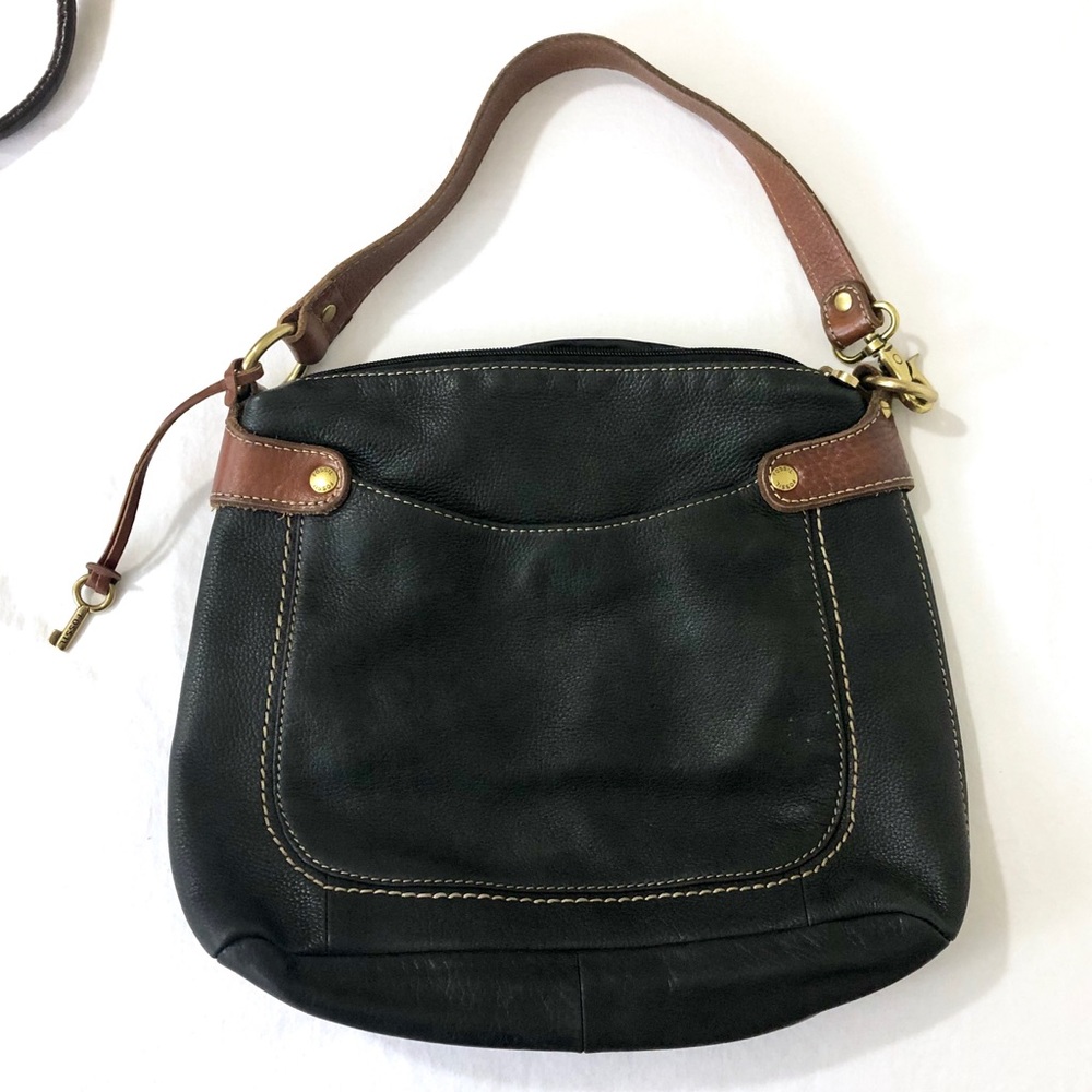 Fossil Black and Brown Leather Hobo Purse